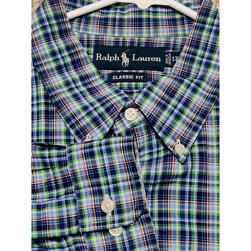 Ralph Lauren Shirt Men's 17.5 XL Blue Plaid Classic Fit Long Sleeves Cotton